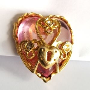 Vintage Robert Rose pink heart SINGLE earring clip on gold tone keyhole